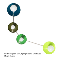 Aries modern color-block wall sconce in a juicy green palette, featuring glossy Lagoon teal, earthy Olive, bright Spring Green, and zesty Chartreuse disc shades on cool chrom hardware; sculptural 4 light wall fixture with round saucer backplates and exposed globe bulbs, designed like graphic wall art; statement mid century modern lighting for a maximalist home, dopamine decor, and bold colorful interior design; perfect for a green kitchen, playful powder room, eclectic hallway, modern entryway, or a kid or 