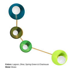 Aries modern color-block wall sconce in a juicy green palette, featuring glossy Lagoon teal, earthy Olive, bright Spring Green, and zesty Chartreuse disc shades on warm brass hardware; sculptural 4 light wall fixture with round saucer backplates and exposed globe bulbs, designed like graphic wall art; statement mid century modern lighting for a maximalist home, dopamine decor, and bold colorful interior design; perfect for a green kitchen, playful powder room, eclectic hallway, modern entryway, or a kid or 