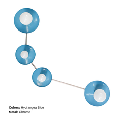 Aries zodiac wall sconce in Hydrangea Blue with polished chrome hardware, a modern constellation style light fixture with four round powder coated steel discs and opal globe bulbs on a slim curved arm, bold blue accent lighting for a contemporary bathroom vanity, hallway, bedroom, kids room, or maximalist interior design, playful modern wall lighting with a clean glossy pop of color and sculptural mid century inspired silhouette.