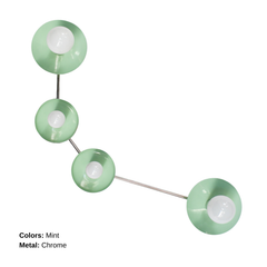 Aries zodiac wall sconce in Mint with polished chrome hardware, a modern constellation style light fixture with four round powder coated steel discs and opal globe bulbs on a slim curved arm, bold blue accent lighting for a contemporary bathroom vanity, hallway, bedroom, kids room, or maximalist interior design, playful modern wall lighting with a clean glossy pop of color and sculptural mid century inspired silhouette.