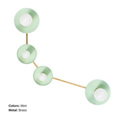 Aries zodiac wall sconce in Mint with warm brass hardware, constellation inspired modern wall light with four glossy powder coated steel disc shades and opal globe bulbs, sculptural statement sconce for a bathroom vanity over a mirror, powder room, entryway, bedside lighting, or colorful maximalist home decor, mid century modern brass and blue wall lighting that adds a bright saturated pop of color with a chic celestial vibe.