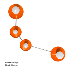 Orange Peel Aries wall sconce in bright glossy orange with chrome hardware, sculptural 4 light modern wall fixture with round disc backplates and exposed globe bulbs, bold pop of color lighting for a maximalist home, playful contemporary design, statement wall lighting for a hallway, entryway, living room accent wall, gallery wall, or creative studio, mid century modern inspired sconce with geometric discs and clean metal arms, fun colorful modern lighting for a kid or teen bedroom, dopamine decor interior,