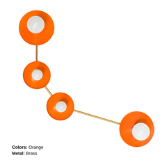 Orange Peel Aries wall sconce with warm brass hardware, glossy orange modern wall fixture with four disc shades and exposed globe bulbs, sculptural mid century modern inspired sconce that doubles as wall art, bright statement lighting for an entryway, hallway, living room, or bedroom, maximalist friendly colorful wall light with saturated orange and golden brass contrast, playful contemporary design for dopamine decor interiors, modern eclectic wall lamp that adds energy, warmth, and a confident pop of colo