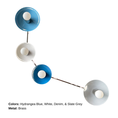 Aries modern wall sconce in a punchy multi-color palette, featuring glossy Hydrangea Blue, Denim blue, crisp White, and Slate Grey disc shades on warm brass hardware; sculptural 4 light wall fixture with round saucer backplates and exposed globe bulbs; mid century modern inspired statement lighting that reads like wall art; perfect for a coastal modern home, colorful contemporary interior design, dopamine decor, or a playful eclectic space; bold but clean color-blocked wall light for a hallway, entryway, li