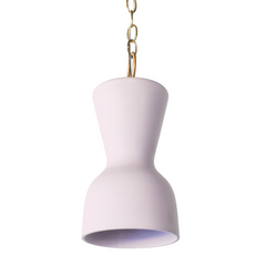 Pastel purple and brass chained ceramic pendant lighting fixture. Made in the USA hand-cast tinted porcelain pendant kitchen light with real raw brass chain.  Beautiful unglazed porcelain ceramic pendant ceiling light fixture. 