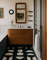 Modern bathroom vignette featuring the Lierre ceramic wall sconce by Sazerac Stitches in matte black with sculpted leaf-and-vine texture and a frosted white globe, mounted above a warm walnut floating vanity with a white countertop, brass faucet, sculptural wood-framed mirror, and bold black-and-cream geometric floor tile with a black tile tub surround for a clean, high-contrast, mid-century inspired look.