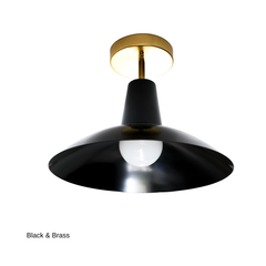 A black flushmount with a cone-shaped neck that widens into a shallow saucer shade, showing off an exposed bulb underneath. The canopy and stem read as a warm brass or gold rather than chrome. A sculptural, mid-century-leaning option for hallways, entries, or any low-ceiling room that needs something with more shape than a standard flush mount.