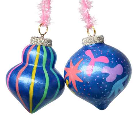 Blue Metallic and Pastel Painted Ornaments Set