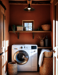 A narrow laundry nook painted in deep terra cotta, with exposed wood beams, open shelving styled with plants and woven baskets, and a black flushmount overhead. The cone-and-saucer shade sits close to the beam, keeping the room's low ceiling in scale. A warm, rustic answer for anyone tired of a stark white laundry room with no personality.
