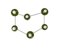 A sculptural Capricorn constellation light with six globe bulbs set in glossy olive green disc shades, linked by polished nickel rods that trace the sea goat sign. Mount it as a wall sconce or ceiling light. Earthy olive suits an earth sign, and with silver it feels grounded and a little moody, a good pick for a boys room, a nature nursery, or a den. Unique lighting for eclectic spaces, it fits celestial decor and unusual light fixtures, and makes a great Capricorn gift.