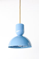Pastel Blue and Brass sculptural pendant light by Sazerac Stitches. Perfect for small spaces, kitchens, kid-friendly spaced. Made out of Powdercoated metal shades with real raw brass parts.  Pendant light in pastel blue and brass.
