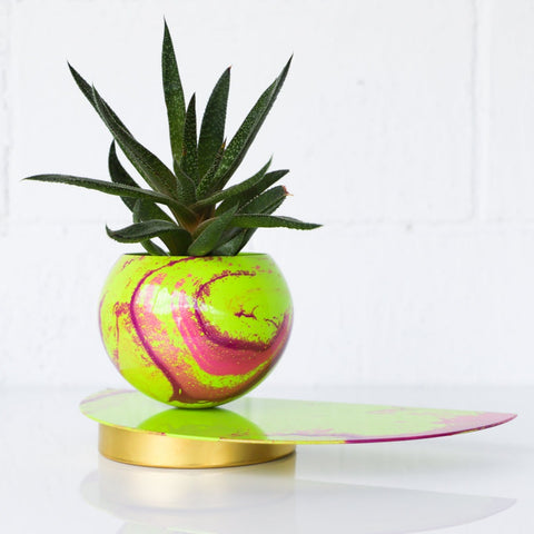 Chartreuse & Pink Marbled Demilune Planter