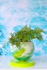 Large Chartreuse & Teal Marbled Planter with Marble Base