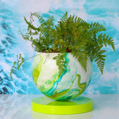 Large Chartreuse & Teal Marbled Planter with Marble Base