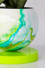 Large Chartreuse & Teal Marbled Planter with Chartreuse Base