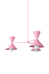 Soft blush pink is the color that makes a room feel sweet, romantic, and a little playful, and this mid-century modern Clancy chandelier commits all the way, shades, arms, and stem in one glossy blush. Three double-cone bowtie shades radiate from a central sphere hub in a fun, sculptural MCM silhouette, throwing light up and down from each arm. It's built to be the star over a dining table, a bedroom, a girl's room, or a romantic entry, the kind of statement piece that makes people ask whose house this is. 