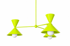 Chartreuse is the fearless color that makes a whole room come alive, and this Clancy chandelier commits all the way, shades, arms, and stem in one glossy yellow-green. Three double-cone bowtie shades radiate from a central sphere hub in a crisp Italian-inspired mid-century silhouette, throwing light up and down from each arm. It's built to be the star over a dining table, a kitchen island, or an entry, the kind of statement piece that makes people ask whose house this is. Bold, sculptural, and unapologetica