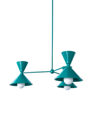 Deep teal-green is the color that makes a room feel rich, jewel-like, and a little bit glamorous, and this mid-century modern Clancy chandelier commits all the way, shades, arms, and stem in one glossy mermaid green. Three double-cone bowtie shades radiate from a central sphere hub in a fun, sculptural MCM silhouette, throwing light up and down from each arm. It's built to be the star over a dining table, kitchen island, or entry, the kind of playful statement piece that makes people ask whose house this is