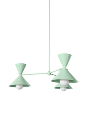 Soft mint is the color that makes a room feel fresh, cheerful, and a little coastal, and this mid-century modern Clancy chandelier commits all the way, shades, arms, and stem in one glossy mint. Three double-cone bowtie shades radiate from a central sphere hub in a fun, sculptural MCM silhouette, throwing light up and down from each arm. It's built to be the star over a dining table, a kitchen island, a nursery, or a breezy entry, the kind of playful statement piece that makes people ask whose house this is