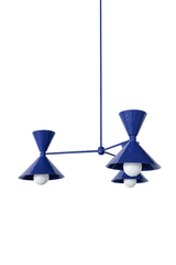 Navy is the deep, classic blue that makes a room feel grounded, timeless, and quietly confident, and this mid-century modern Clancy chandelier commits all the way, shades, arms, and stem in one glossy navy. Three double-cone bowtie shades radiate from a central sphere hub in a fun, sculptural MCM silhouette, throwing light up and down from each arm. It's built to be the star over a dining table, kitchen island, or entry, the kind of playful statement piece that makes people ask whose house this is. Bold but