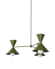 Olive green is the warm, earthy color that makes a room feel grounded, vintage, and a little bit moody, and this mid-century modern Clancy chandelier commits all the way, shades, arms, and stem in one glossy olive. Three double-cone bowtie shades radiate from a central sphere hub in a fun, sculptural MCM silhouette, throwing light up and down from each arm. It's built to be the star over a dining table, kitchen island, or entry, the kind of playful statement piece that makes people ask whose house this is. 