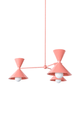 Soft peach is the warm, juicy color that makes a room feel fresh, flirty, and a little bit sunny, and this mid-century modern Clancy chandelier commits all the way, shades, arms, and stem in one glossy peach. Three double-cone bowtie shades radiate from a central sphere hub in a fun, sculptural MCM silhouette, throwing light up and down from each arm. It's built to be the star over a dining table, a bedroom, a girl's room, or a cheerful entry, the kind of playful statement piece that makes people ask whose
