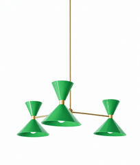 True grass green and warm brass is the pairing that makes a room feel happy, fresh, and full of life, and this mid-century modern Clancy chandelier brings them together beautifully. Three glossy spring green double-cone shades radiate from a brass central hub on slim brass arms, in a fun, sculptural MCM silhouette that throws light up and down from each arm. The brass stem and collars warm up the vivid green and give the whole piece a polished, collected feel. It's built to be the star over a dining table, 