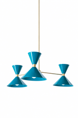 Bright teal and warm brass is the pairing that makes a room feel fresh, jewel-like, and a little bit glamorous, and this mid-century modern Clancy chandelier brings them together beautifully. Three glossy teal double-cone shades radiate from a brass central hub on slim brass arms, in a fun, sculptural MCM silhouette that throws light up and down from each arm. The brass stem and collars warm up the saturated blue-green and give the whole piece a polished, collected feel. It's built to be the star over a din