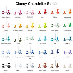 The full Clancy Chandelier palette in one place, 30 powder-coat colors on the same sculptural three-arm mid-century fixture, here with color-matched hardware for a bold head-to-toe look. The range runs from black cherry, red, flame, and orange peel through peach, mustard, yellow, and chartreuse, into every green and blue (mermaid, olive, mint, poolside, teal, navy) plus orchid, black, white, slate grey, terra cotta, fudge brown, and cream. A colorful lighting option for anyone matching a fixture to a specif