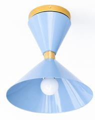 Light Pastel Blue and Brass flushmount ceiling light in a mid-century modern style light fixture. Great for small spaces, to bring in a little more color and design. We love this in a brightly colored bathroom, a pantry, a statement closet, an art room and more!