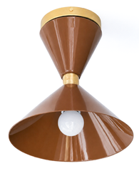 Chocolate Brown and Brass flushmount ceiling light in a mid-century modern style light fixture. Great for small spaces, to bring in a little more color and design. We love this in a brightly colored bathroom, a pantry, a statement closet, an art room and more!