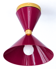 Rich Black Cherry and Brass flushmount ceiling light in a mid-century modern style light fixture. Great for small spaces, to bring in a little more color and design. We love this in a brightly colored bathroom, a pantry, a statement closet, an art room and more!