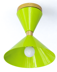 Neon Chartreuse and Brass flushmount ceiling light in a mid-century modern style light fixture. Great for small spaces, to bring in a little more color and design. We love this in a brightly colored bathroom, a pantry, a statement closet, an art room and more!