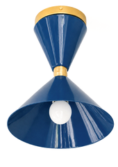 Grey Blue Denim-color & brass flushmount ceiling light in a mid-century modern style light fixture. Great for small spaces, to bring in a little more color and design. We love this in a brightly colored bathroom, a pantry, a statement closet, an art room and more!