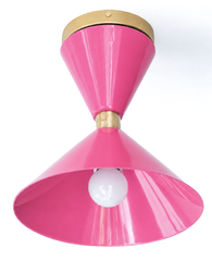 Bright Doll Pink and Brass flushmount ceiling light in a mid-century modern style light fixture. Great for small spaces, to bring in a little more color and design. We love this in a brightly colored bathroom, a pantry, a statement closet, an art room and more!