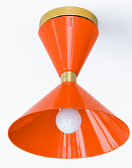 Spicy Orange-red and brass mid century modern ceiling light fixture. Stilnovo cone-style fixture with brass accents.  Modern and colorful fixture for small spaces. Bold statement lighting for low ceilings.