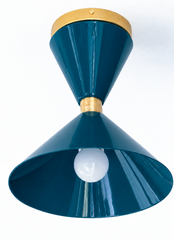 Glossy Blue-Green Lagoon and brass mid century modern ceiling light fixture. Stilnovo cone-style fixture with brass accents.  Modern and colorful fixture for small spaces. Bold statement lighting for low ceilings.