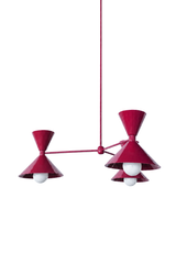 Black cherry is the color that makes a room feel rich, playful, and a little sultry, and this mid-century modern Clancy chandelier commits all the way, shades, arms, and stem in one glossy deep magenta-burgundy. Three double-cone bowtie shades radiate from a central sphere hub in a fun, sculptural MCM silhouette, throwing light up and down from each arm. It's built to be the colorful star over a dining table, kitchen island, or entry, the kind of playful statement piece that makes people ask whose house thi