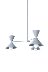 Soft grey is the cool neutral that grounds a room without going cold, and this mid-century modern Clancy chandelier keeps it looking fun and sculptural rather than plain, shades, arms, and stem all in one glossy slate grey. Three double-cone bowtie shades radiate from a central sphere hub in a playful MCM silhouette, throwing light up and down from each arm. It's built to anchor a dining table, kitchen island, or entry, the kind of statement piece that plays beautifully against wood, marble, brass, and any 