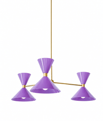 A vivid orchid-purple chandelier for a room that isn't afraid to commit, a dining room, girl's bedroom, or entryway that wants a real jolt of color overhead. Each of the three arms ends in an oversized double-cone shade, a broad cone below that throws light down and a smaller cone flaring up above, joined at a raw brass collar. The arms hang at staggered heights off a central brass hub so the fixture reads loose and sculptural, and the drop can be sized to your ceiling. This bright purple is playful and fea