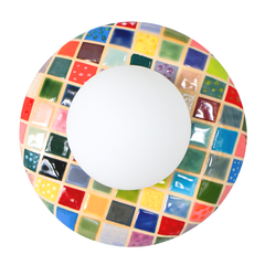 Colorful Cube Glazed Globe Sconce product photo on white background, handmade ceramic globe sconce with glossy multicolor square tile grid glaze and matte white glass globe shade, sculptural modern wall light with bold color blocking, statement lighting for maximalist decor, eclectic interiors, mid century inspired rooms, playful kids room wall lighting, and colorful entryway or hallway accent sconce