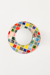 Colorful Cube Glazed Globe Sconce product photo on white background, handmade ceramic globe sconce with glossy multicolor square tile grid glaze and matte white glass globe shade, sculptural modern wall light with bold color blocking, statement lighting for maximalist decor, eclectic interiors, mid century inspired rooms, playful kids room wall lighting, and colorful entryway or hallway accent sconce