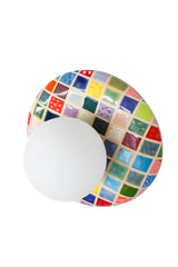 Colorful Cube Glazed Globe Sconce product photo on white background, handmade ceramic globe sconce with glossy multicolor square tile grid glaze and matte white glass globe shade, sculptural modern wall light with bold color blocking, statement lighting for maximalist decor, eclectic interiors, mid century inspired rooms, playful kids room wall lighting, and colorful entryway or hallway accent sconce