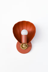 Close-up studio photo of the Terra Cotta Coquille Sconce highlighting its sculptural shell silhouette, rich terra cotta finish, and ornate brass rosette detail. The clean background keeps the focus on the fixture’s curving form and decorative character, making it easy to see the craftsmanship and distinctive shape. This unique wall light is ideal for coastal decor, Mediterranean-inspired interiors, feminine bedrooms, powder rooms, and statement sconce lighting with a warm, playful feel.