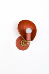 Angled studio image of the Terra Cotta Coquille Sconce, showcasing the dimensional shell-shaped shade and its curved, fluted form. The terra cotta finish gives the fixture a warm earthy tone, while the brass rosette detail and brass accent hardware add a vintage-inspired touch. This decorative wall sconce blends sculptural lighting, coastal style, romantic decor, and artful statement design, making it ideal for bathrooms, hallways, bedrooms, or eclectic interiors.
