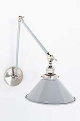 Grey and chrome modern adjustable wall sconce with a cone shade.  