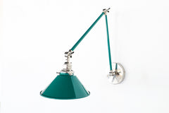Mermaid Green Emerald Green and chrome adjustable wall sconce with a cone shade