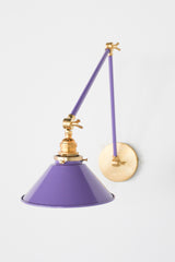 Pastel Purple and Brass adjustable cone sconce for kitchen lighting above windows or above open shelving cabinetry.  Also makes a great bedside reading light that frees up space on your nightstands. Comes in three finishes and over 30 colors for a custom look.  Available in neutrals or fun, bright colors that work in any maximalist or kid-friendly space.  Classic style wall sconce that has been updated by our curated color palette of brights, darks, and pastel hues.  Designed and made by Sazerac Stitches.