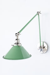 Pastel Green & Chrome Wall Sconce with Adjustable Arms and cone shade.  Modern wall sconce in fun colors