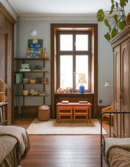Cozy kids playroom with soft blue-gray walls, warm stained wood trim, and vintage European-style architectural details. A Cream Lierre ceramic wall sconce by Sazerac Stitches sits high on the wall above floating wood shelves styled with books, baskets, and small toys. The room features a large wood-framed window, natural light, a simple kids table with two chairs on a cream rug, and a mix of heirloom wood furniture and an iron daybed. The overall look blends Scandinavian minimalism, warm organic modern deco
